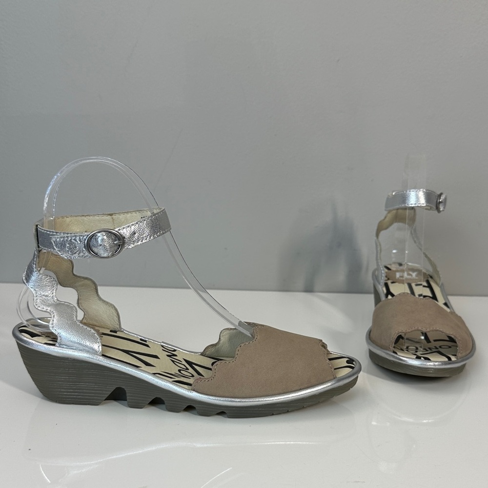 Fly London Beige and Silver Wedge Sandals